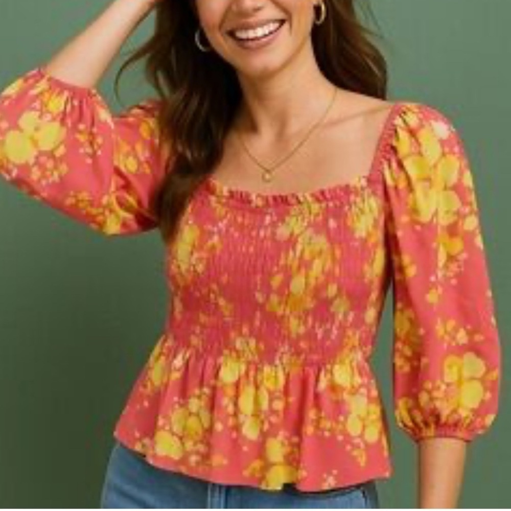 Nanette Lepore Pink Yellow Floral Smocked Blouse Cropped Length Womens Sz Large